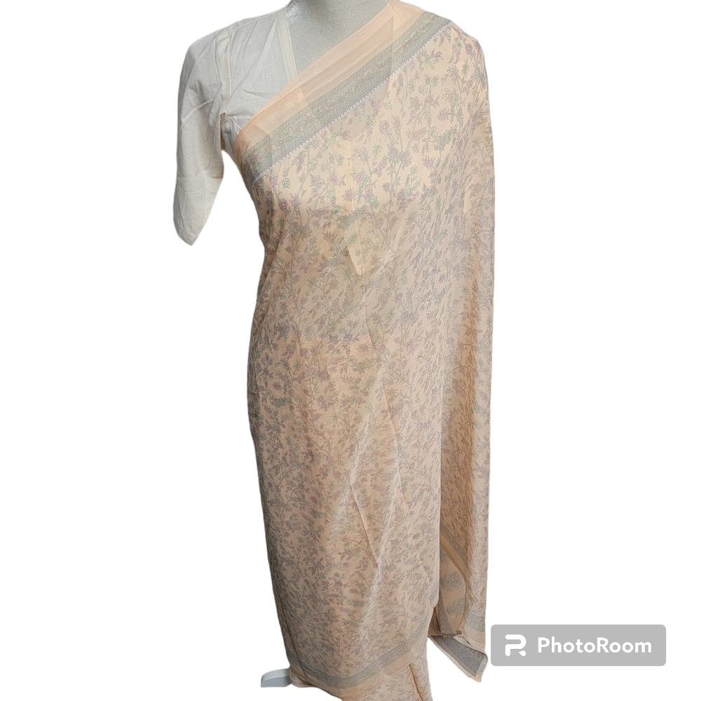 Peach, purple, and green chiffon flower and leaf print saree/sari